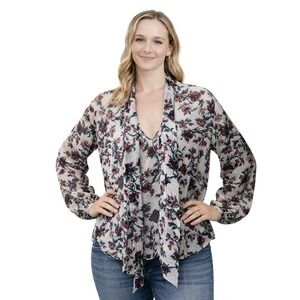BP Womens Floral Sheer Blouse‎ Medium Long Sleeve Tie Neck Elastic Cuff Chiffon